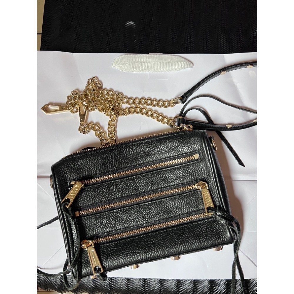 搬家出清 保證正品Rebecca Minkoff mini 5 zip 經典黑金拉鍊真皮機車流蘇側背/肩背包-細節圖3