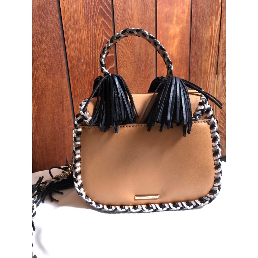 二手Rebecca Minkoff 真皮編織鏈條手提翻蓋流蘇馬鞍包 肩背包 兩用包-細節圖2