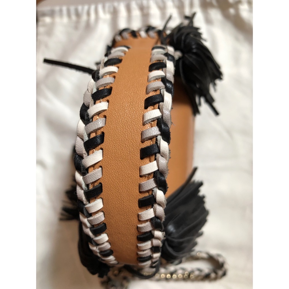 二手Rebecca Minkoff 真皮編織鏈條手提翻蓋流蘇馬鞍包 肩背包 兩用包-細節圖3