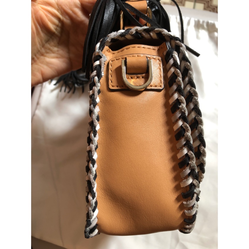 二手Rebecca Minkoff 真皮編織鏈條手提翻蓋流蘇馬鞍包 肩背包 兩用包-細節圖4