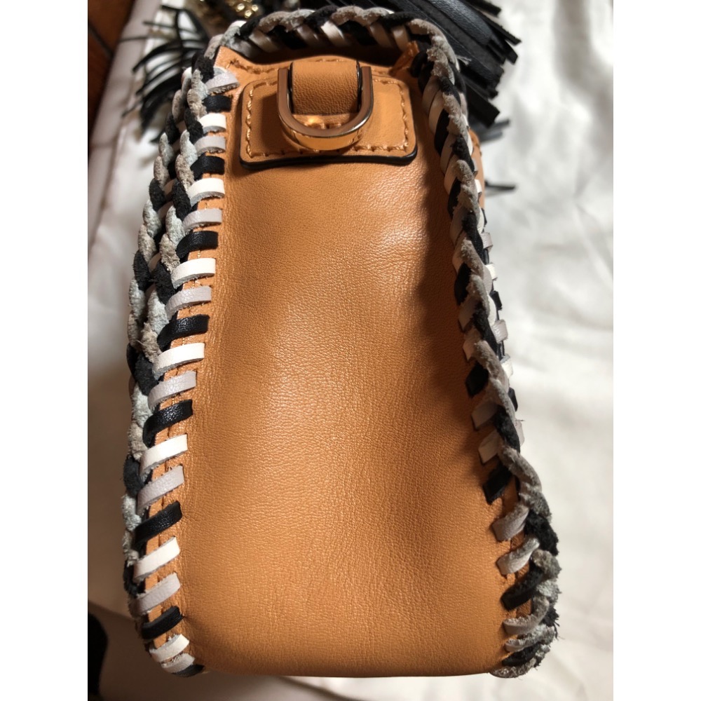 二手Rebecca Minkoff 真皮編織鏈條手提翻蓋流蘇馬鞍包 肩背包 兩用包-細節圖5