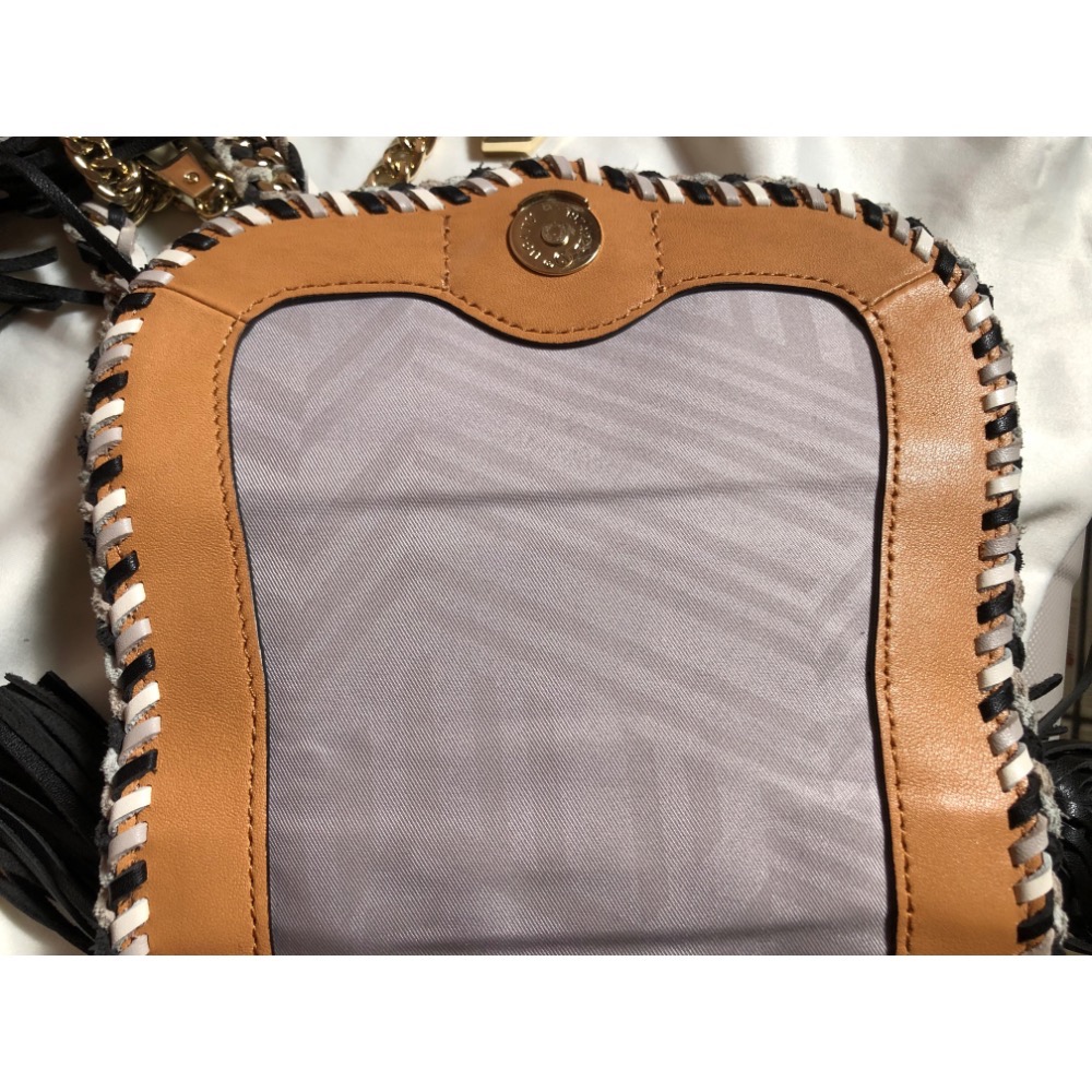 二手Rebecca Minkoff 真皮編織鏈條手提翻蓋流蘇馬鞍包 肩背包 兩用包-細節圖7