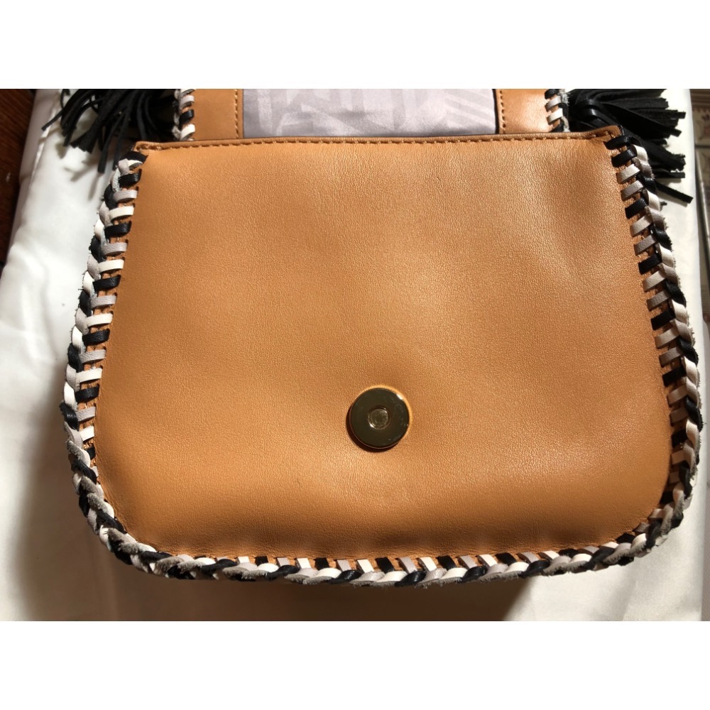 二手Rebecca Minkoff 真皮編織鏈條手提翻蓋流蘇馬鞍包 肩背包 兩用包-細節圖8