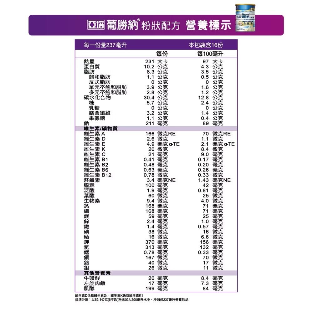 Abbott 亞培 葡勝納3重強護粉狀配方(香草口味) 850g 送 亞培 葡勝納SR原味+纖維奶水200ml 超值組合-細節圖6