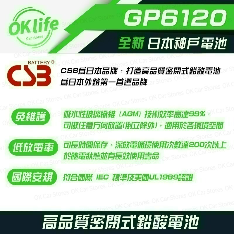 【CSB】全新神戶CSB電池 GP6120 6V 12Ah (適用NP12-6)-細節圖2