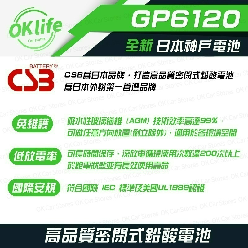 【CSB】全新神戶CSB電池 GP6120 6V 12Ah (適用NP12-6)-細節圖2