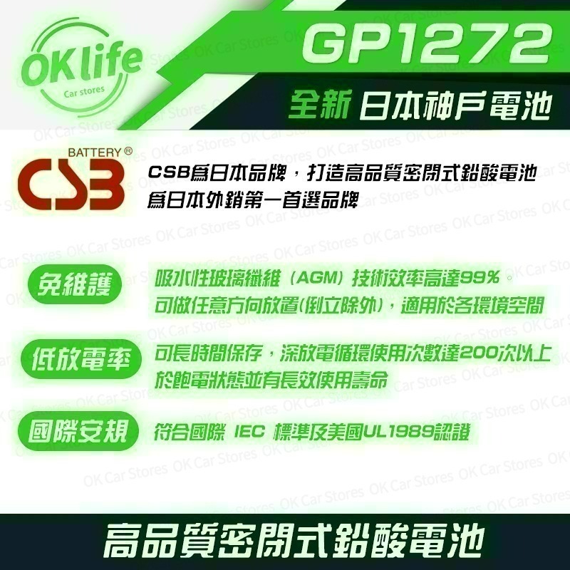 【CSB】全新神戶CSB電池 GP1272 12V 7.2Ah 不斷電蓄電池-細節圖2