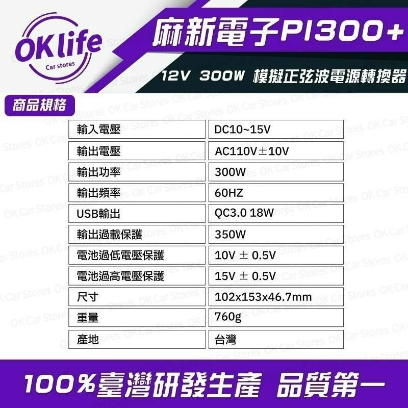 【麻新電子】PI-300+ 12V 300W 模擬正弦波電源轉換器(DC 12V轉AC 110V)-細節圖3
