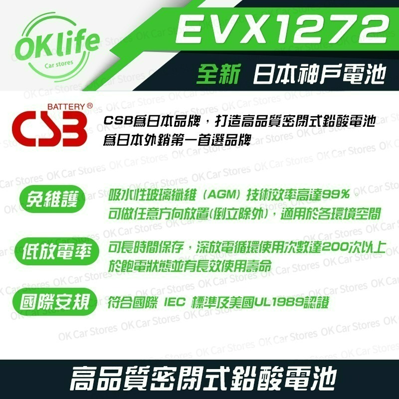 【CSB】全新神戶CSB電池 EVX1272 12V 7.2Ah 高效率不斷電蓄電池-細節圖2