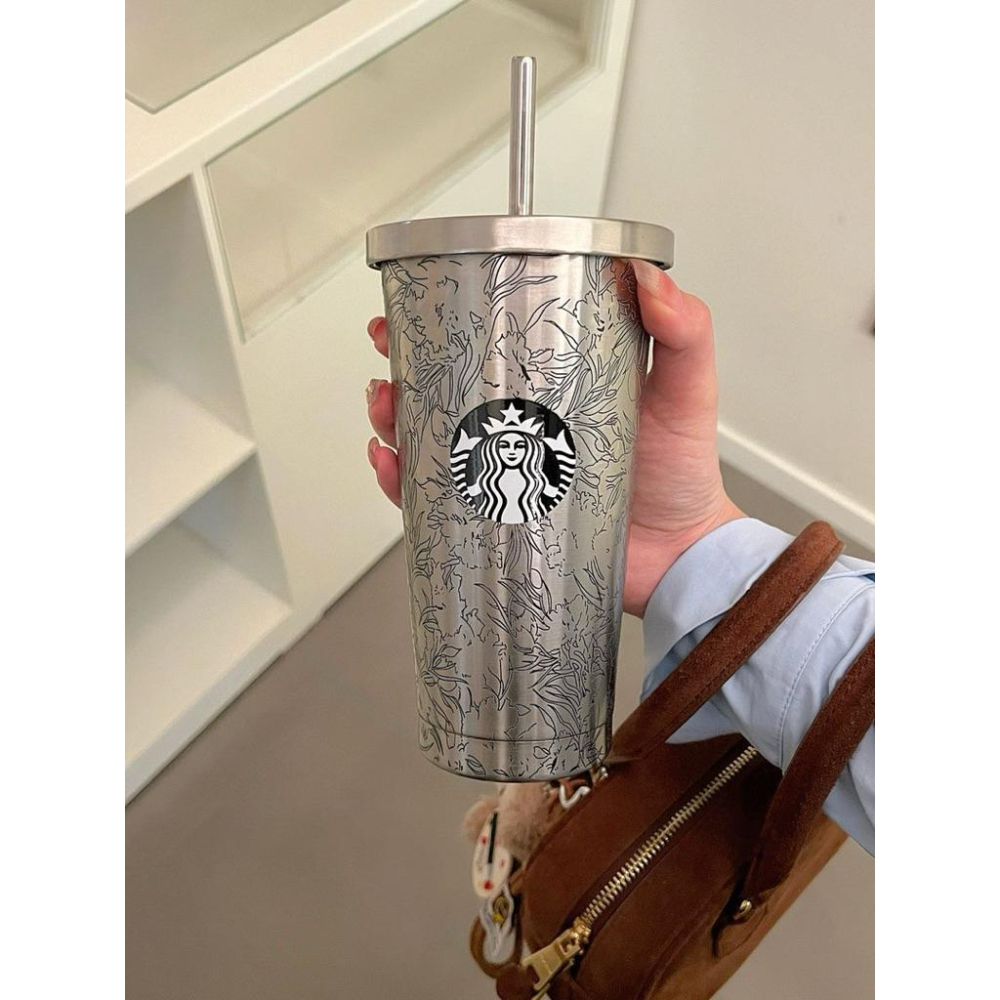 星巴克不鏽鋼304本色經典萬花圖吸管杯500ml-細節圖2