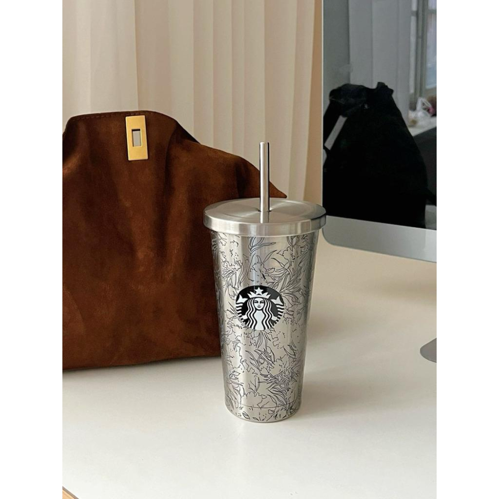 星巴克不鏽鋼304本色經典萬花圖吸管杯500ml-細節圖3