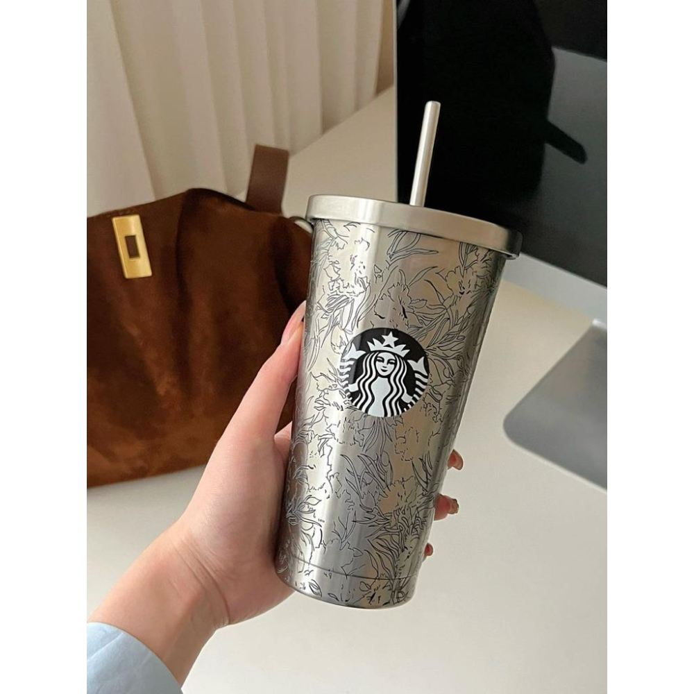 星巴克不鏽鋼304本色經典萬花圖吸管杯500ml-細節圖5
