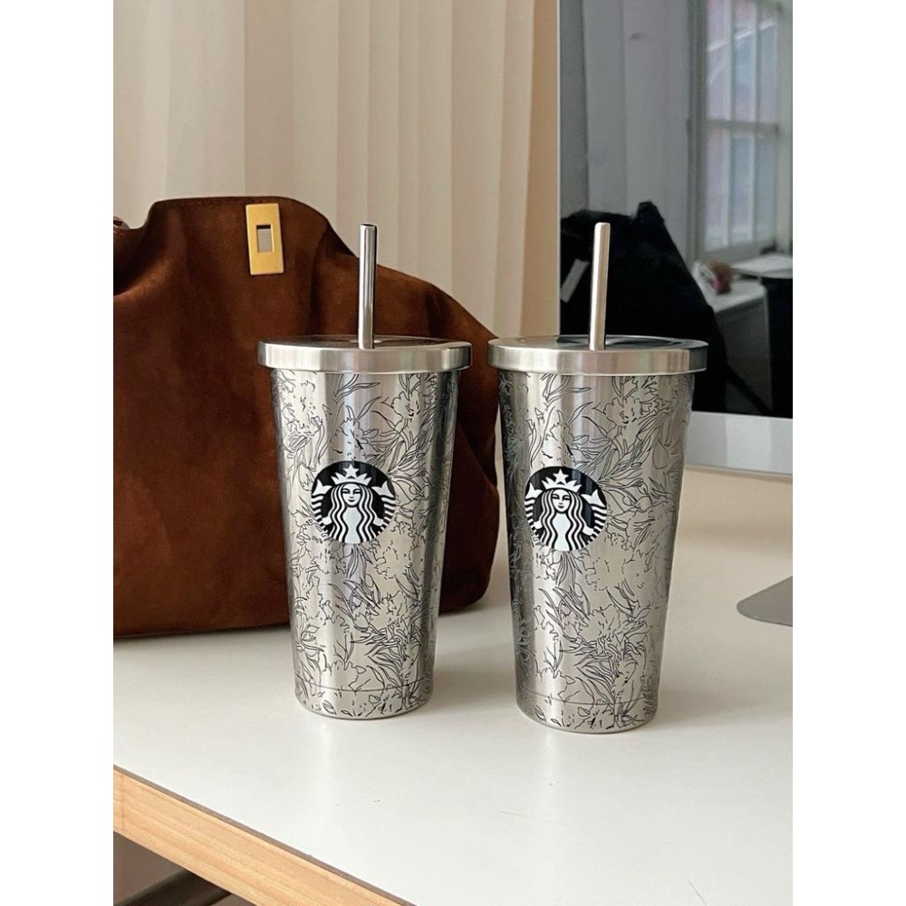 星巴克不鏽鋼304本色經典萬花圖吸管杯500ml-細節圖4