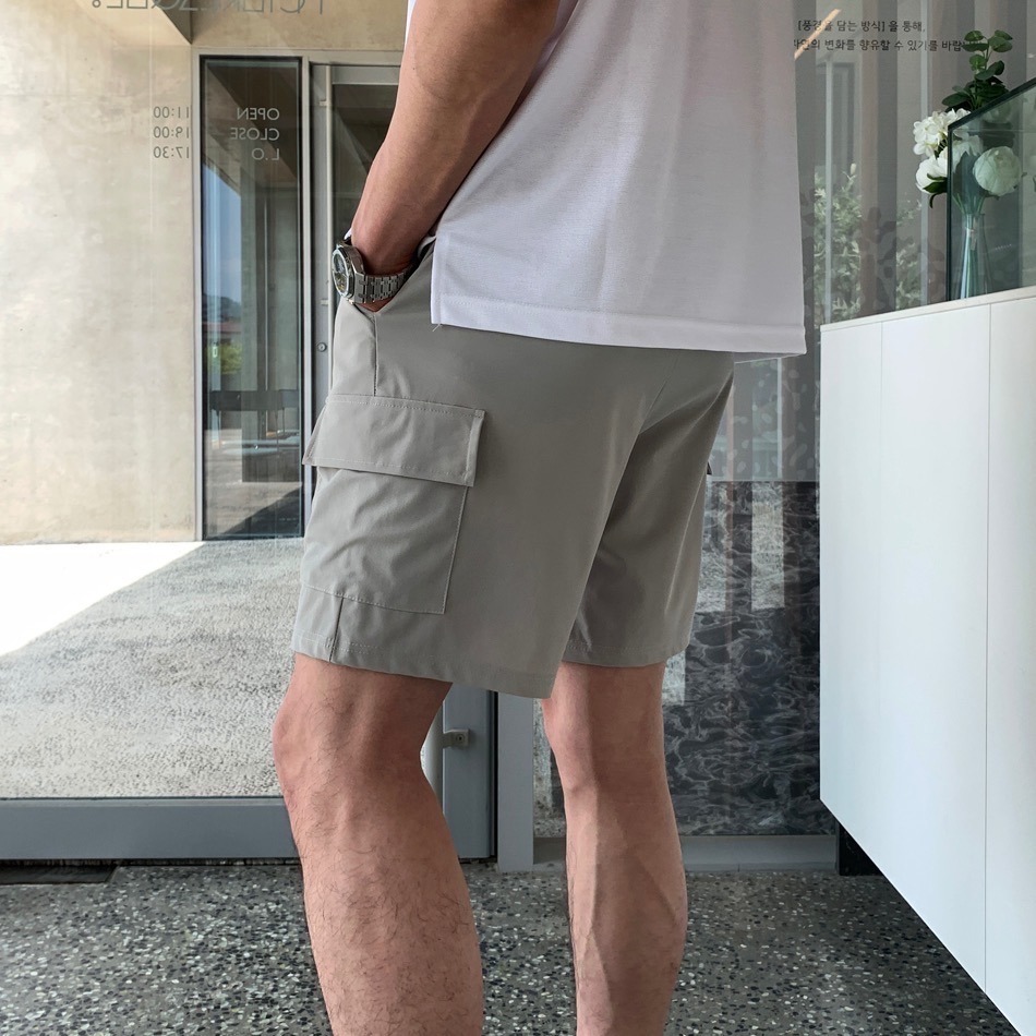 ⚡opbrand_shop⚡涼感工裝短褲 韓國 彈性 夏季 涼感材質 硬挺 休閒舒適 抽繩側口袋 素面 機能登山 衝浪-細節圖4