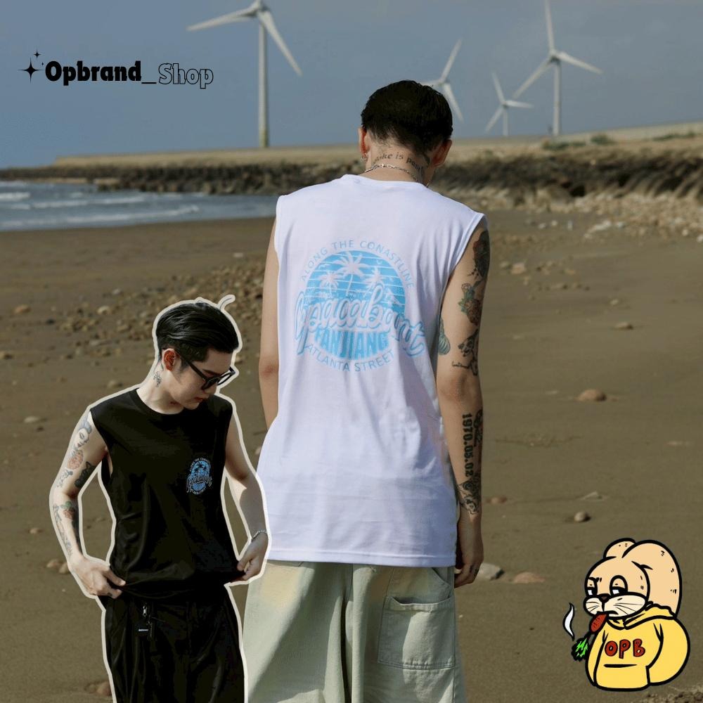 ⚡opbrand_shop⚡寬肩背心 20支純棉  韓系 海岸風 無袖背心 無袖印花 寬鬆夏季穿搭 8A-M-VT-細節圖2