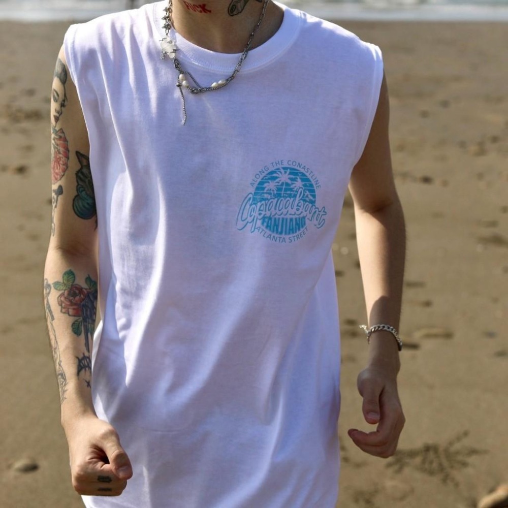 ⚡opbrand_shop⚡寬肩背心 20支純棉  韓系 海岸風 無袖背心 無袖印花 寬鬆夏季穿搭 8A-M-VT-細節圖3