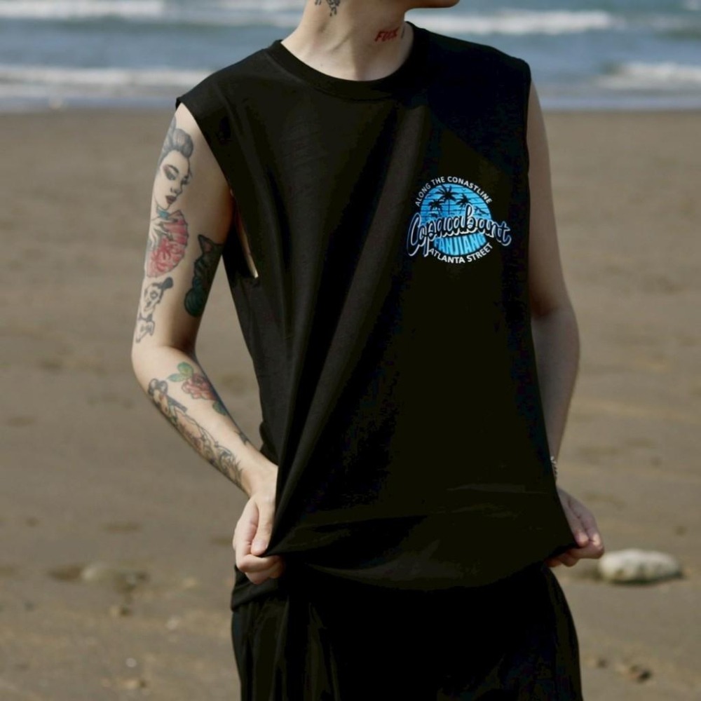 ⚡opbrand_shop⚡寬肩背心 20支純棉  韓系 海岸風 無袖背心 無袖印花 寬鬆夏季穿搭 8A-M-VT-細節圖7