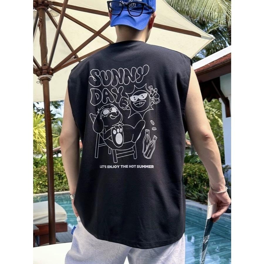 ⚡opbrand_shop⚡Q版插畫 寬肩背心 熱帶度假風 20支純棉 運動背心 無袖背心 健身背心 8A-M-VT-細節圖3