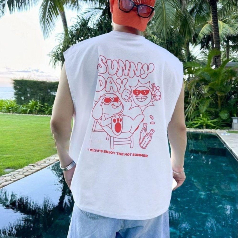 ⚡opbrand_shop⚡Q版插畫 寬肩背心 熱帶度假風 20支純棉 運動背心 無袖背心 健身背心 8A-M-VT-細節圖4