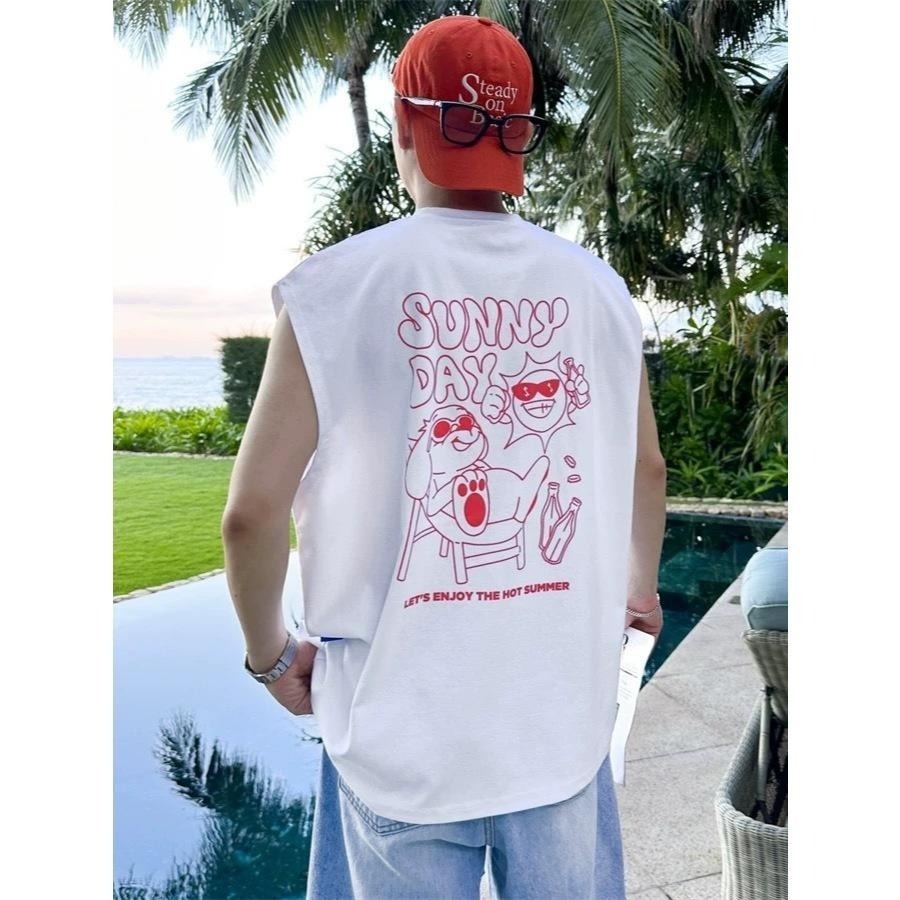 ⚡opbrand_shop⚡Q版插畫 寬肩背心 熱帶度假風 20支純棉 運動背心 無袖背心 健身背心 8A-M-VT-細節圖5