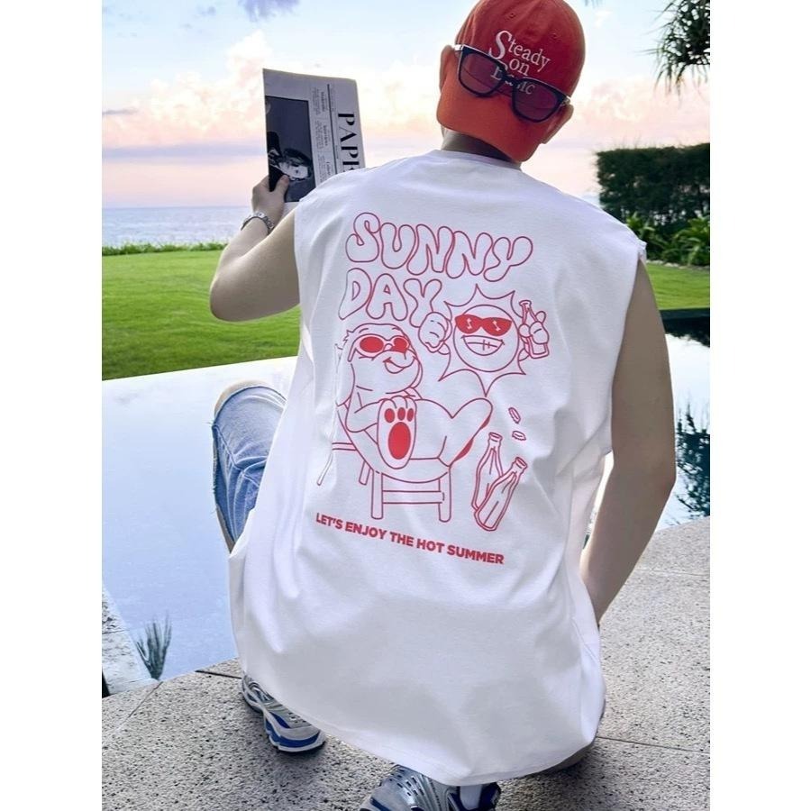 ⚡opbrand_shop⚡Q版插畫 寬肩背心 熱帶度假風 20支純棉 運動背心 無袖背心 健身背心 8A-M-VT-細節圖6