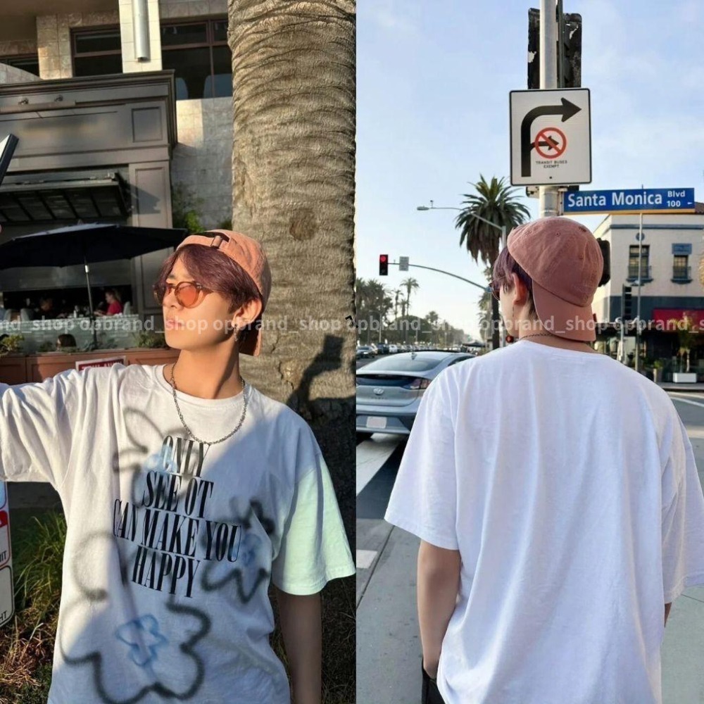 ⚡opbrand_shop⚡韓國噴墨花 寬鬆 短T 小花浮水印 英文 短袖 oversize 男生 女生 情侶-細節圖2