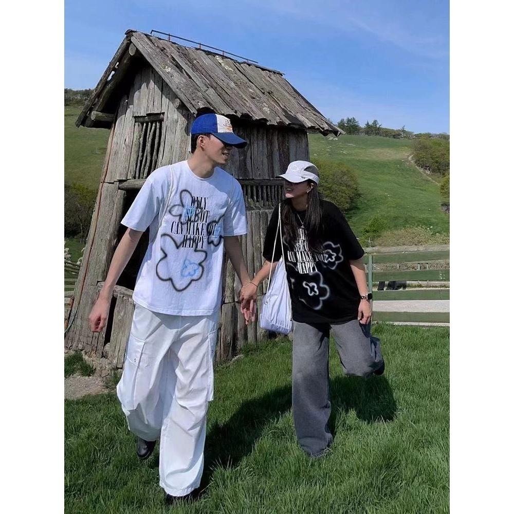 ⚡opbrand_shop⚡韓國噴墨花 寬鬆 短T 小花浮水印 英文 短袖 oversize 男生 女生 情侶-細節圖8