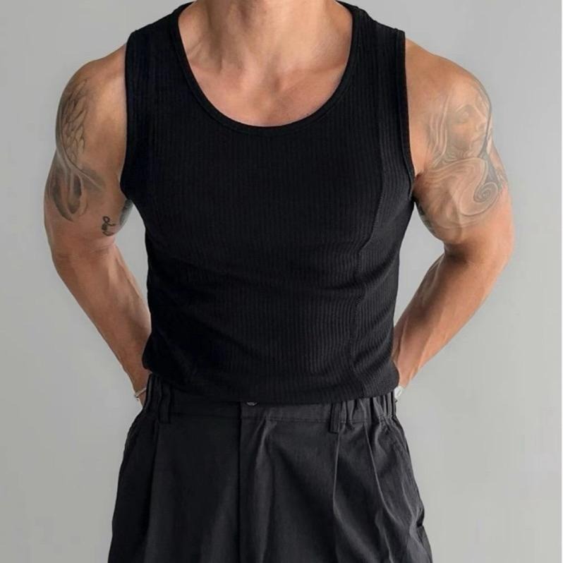 ⚡opbrand_shop⚡韓國 彈力螺紋背心 剪裁 雙線設計 合身 單穿 無袖 坦克 街頭 休閒穿搭 美式車線 重磅-細節圖5
