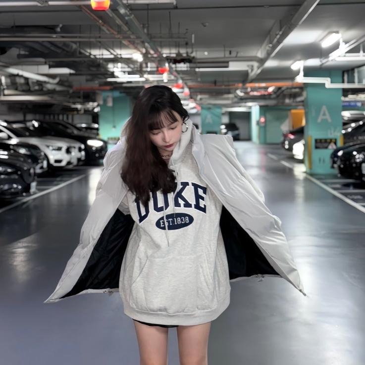 ⚡opbrand_shop⚡ 韓款 DUCK 帽TEE 拼布 字母 百搭 韓系  細絨布 落肩 長袖 情侶款-細節圖3