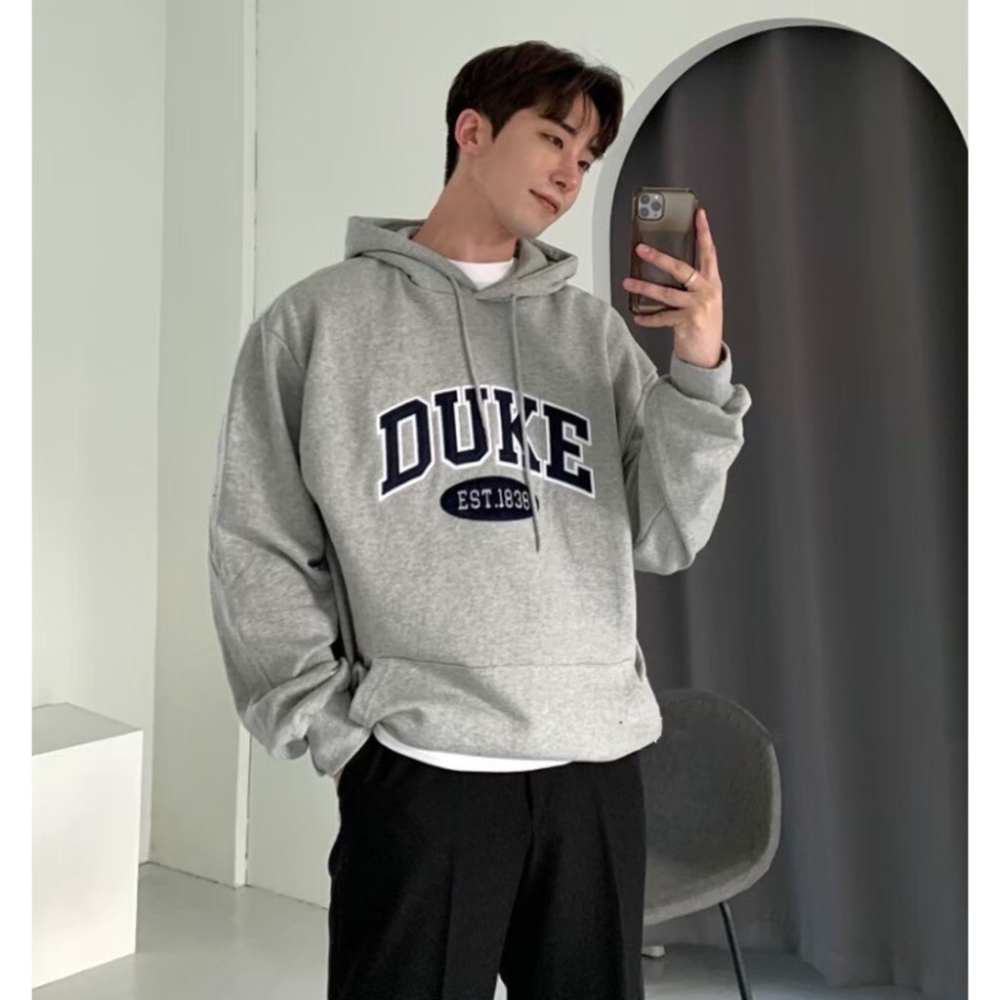 ⚡opbrand_shop⚡ 韓款 DUCK 帽TEE 拼布 字母 百搭 韓系  細絨布 落肩 長袖 情侶款-細節圖8