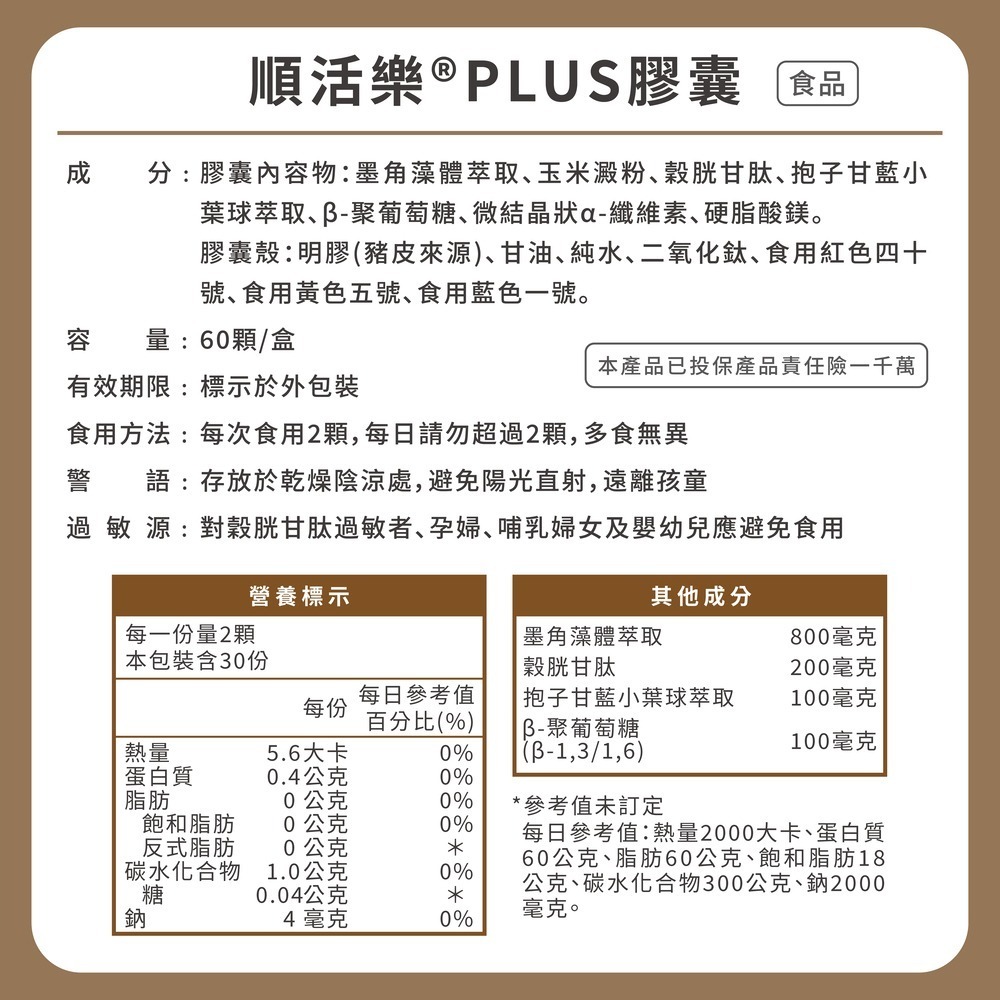 【滋養強化】順活樂PLUS膠囊(60顆)x2 褐藻醣膠 葡聚醣-細節圖7