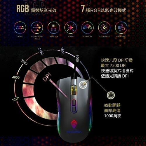 ANACOMDA巨蟒 電競滑鼠 遊戲用滑鼠 7顆可編程按鍵 RGB電競炫彩光效 輕量化 遊戲用 電競用-細節圖7