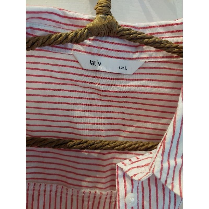 Lativ 純棉復古紅色直條紋綁帶襯衫立領背心L-細節圖3