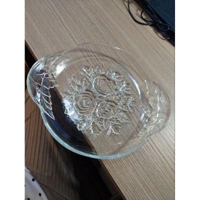 早期古典玻璃雕花玻璃盤水晶玻璃甜點盤 21*17*3cm 玫瑰花盤