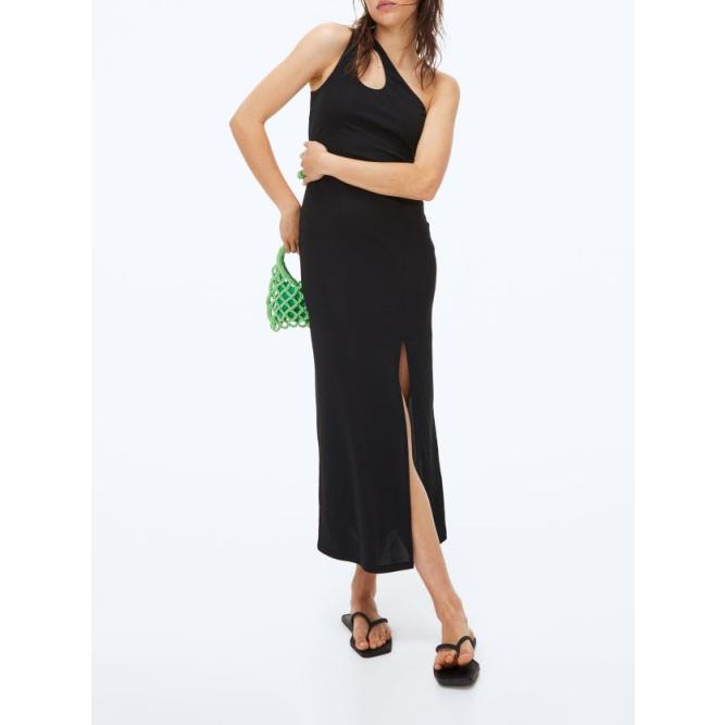 H&M 黑色氣質中長款斜肩有垂感下擺開叉彈力連衣裙洋裝超大尺寸 XXL 現貨 胸圍46吋可穿-細節圖2