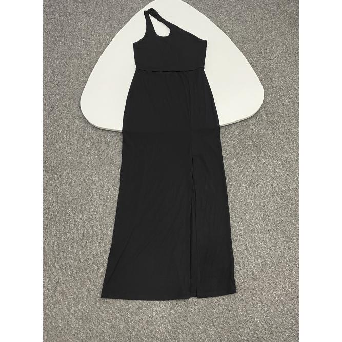 H&M 黑色氣質中長款斜肩有垂感下擺開叉彈力連衣裙洋裝超大尺寸 XXL 現貨 胸圍46吋可穿-細節圖5