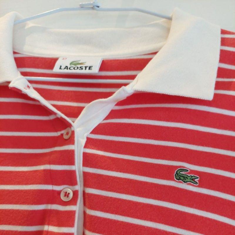 日本製Lacoste紅色條紋鱷魚牌七分袖Polo衫42號L-細節圖2