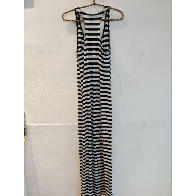 FOREVER 21黑白條文挖背背心裙連身裙落地長裙洋裝L-細節圖2