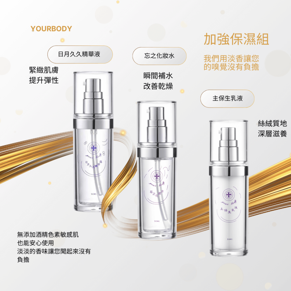 加強保濕組，忘之化妝水高效補水舒緩乾燥不適，日月久久華液緊緻肌膚提升彈性，主保生乳液鎖住水分長效滋潤YOURBODY台灣-細節圖2