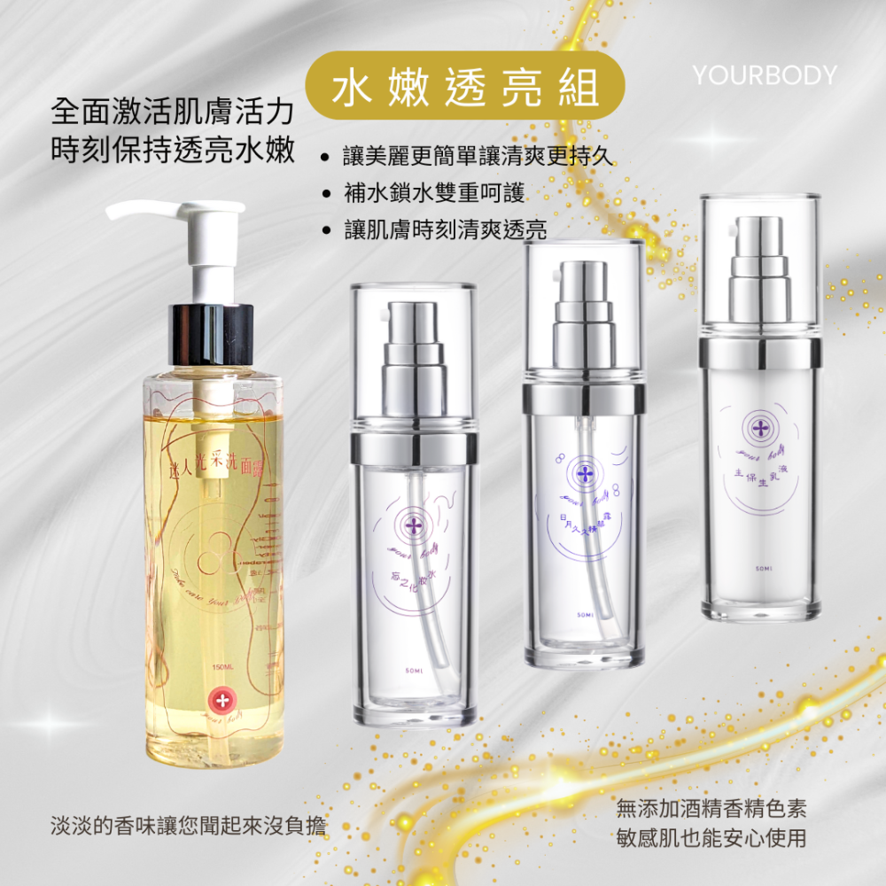 水嫩透亮組只需4步驟散發無瑕透亮光澤,迷人光采洗面露，忘之化妝水，日月久久精華液‵，主保生乳液YOURBODY台灣製-細節圖2