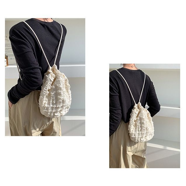 包包 水桶包 日系迷你褶皺抽繩水桶包 尼龍單肩包側背包 日常通勤簡約雙肩包-細節圖3