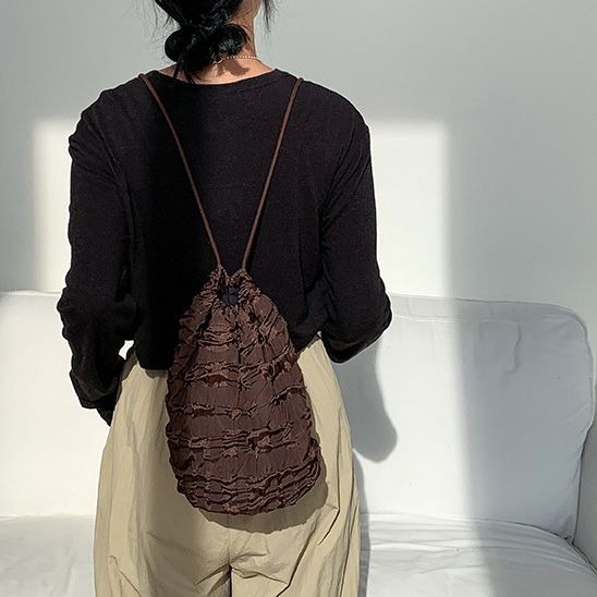 包包 水桶包 日系迷你褶皺抽繩水桶包 尼龍單肩包側背包 日常通勤簡約雙肩包-細節圖6