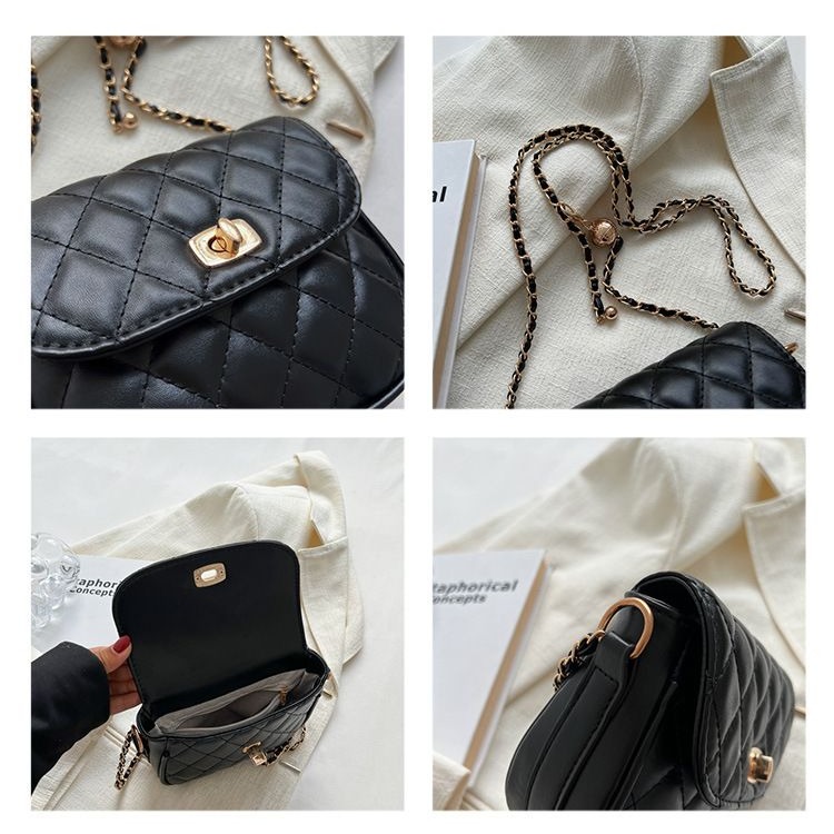 包包 斜肩包 單肩包 小香風菱格鏈條包包 新款韓版春季網紅單肩包斜挎小方包 半圓斜背包-細節圖4