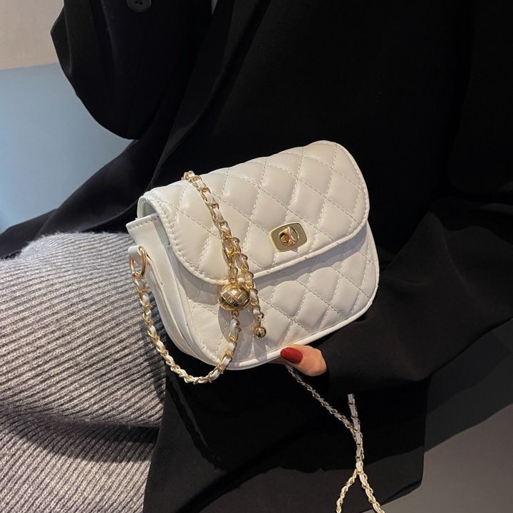 包包 斜肩包 單肩包 小香風菱格鏈條包包 新款韓版春季網紅單肩包斜挎小方包 半圓斜背包-細節圖7