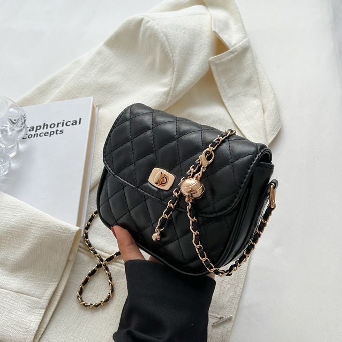 包包 斜肩包 單肩包 小香風菱格鏈條包包 新款韓版春季網紅單肩包斜挎小方包 半圓斜背包-細節圖8