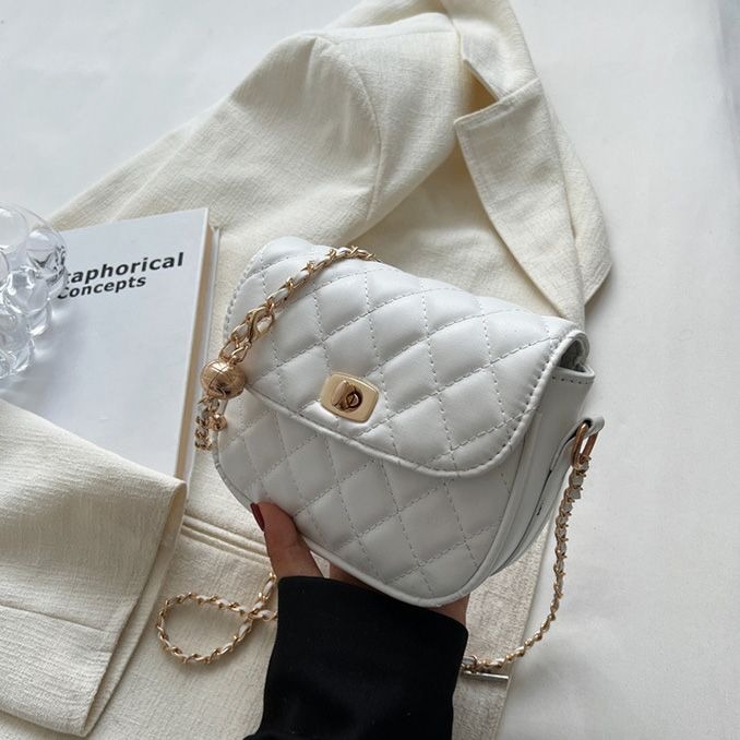 包包 斜肩包 單肩包 小香風菱格鏈條包包 新款韓版春季網紅單肩包斜挎小方包 半圓斜背包-細節圖9