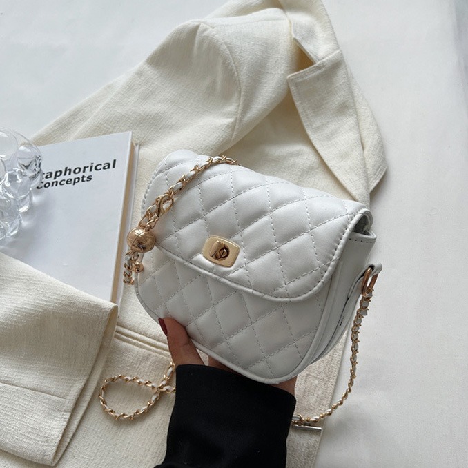 包包 斜肩包 單肩包 小香風菱格鏈條包包 新款韓版春季網紅單肩包斜挎小方包 半圓斜背包-規格圖9