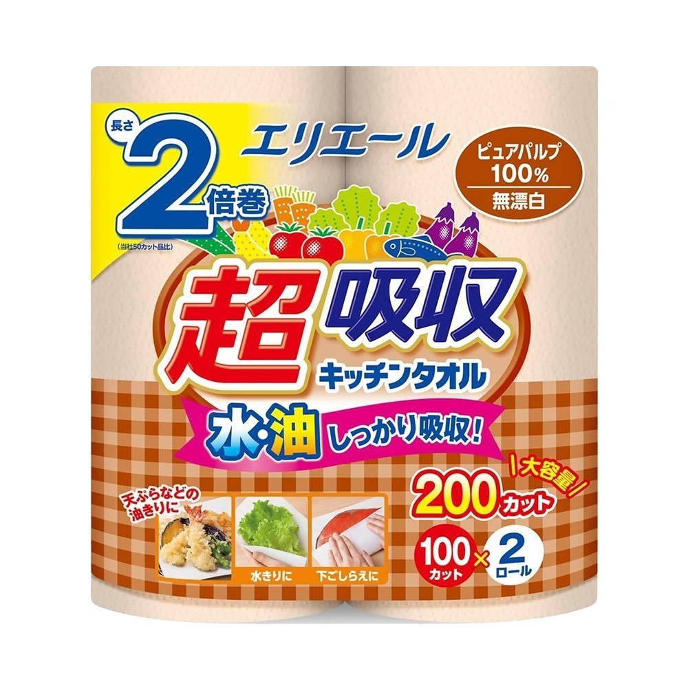 日本 大王製紙 elleair 超吸收 強韌 捲筒 廚房紙巾 無漂白 (100抽/2入)-細節圖2