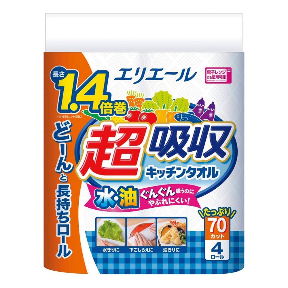 日本 大王製紙 elleair 超吸收 強韌捲筒 廚房紙巾 (70抽/4入)-規格圖5