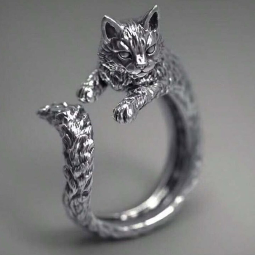1入復古風格破損貓型開口戒指-細節圖2